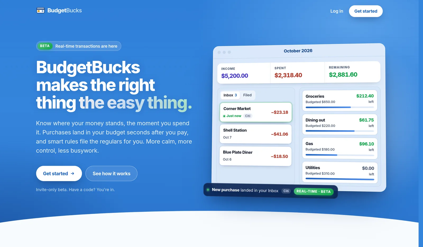 The BudgetBucks landing page on desktop, headlined “BudgetBucks makes the right thing the easy thing.”